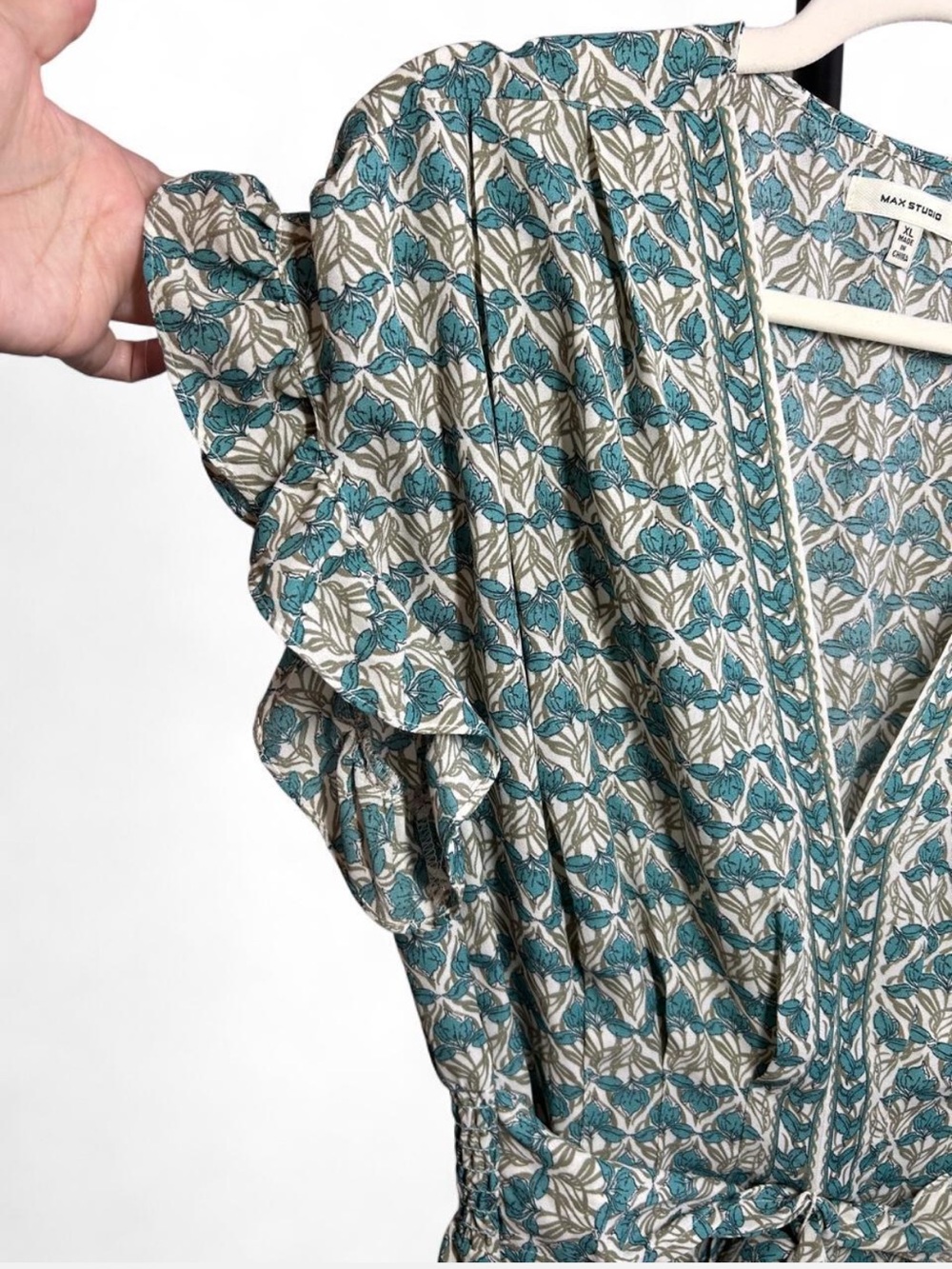 Max Studio Teal and Cream Floral V-Neck Tie-Waist Ruffle Sleeve Blouse - Picture 2 of 5